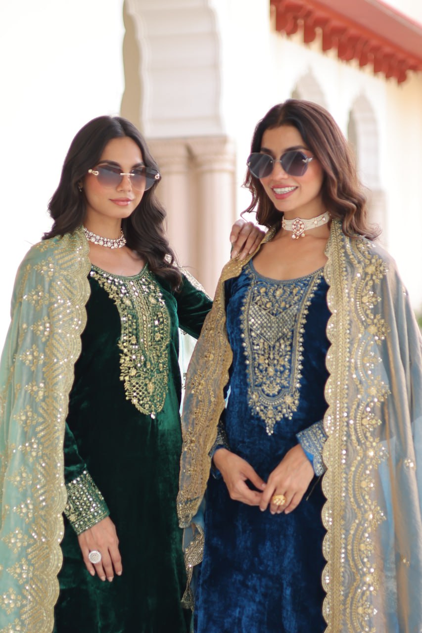 Lovely Blue Velvet with Zari Work Palazzo Suit
