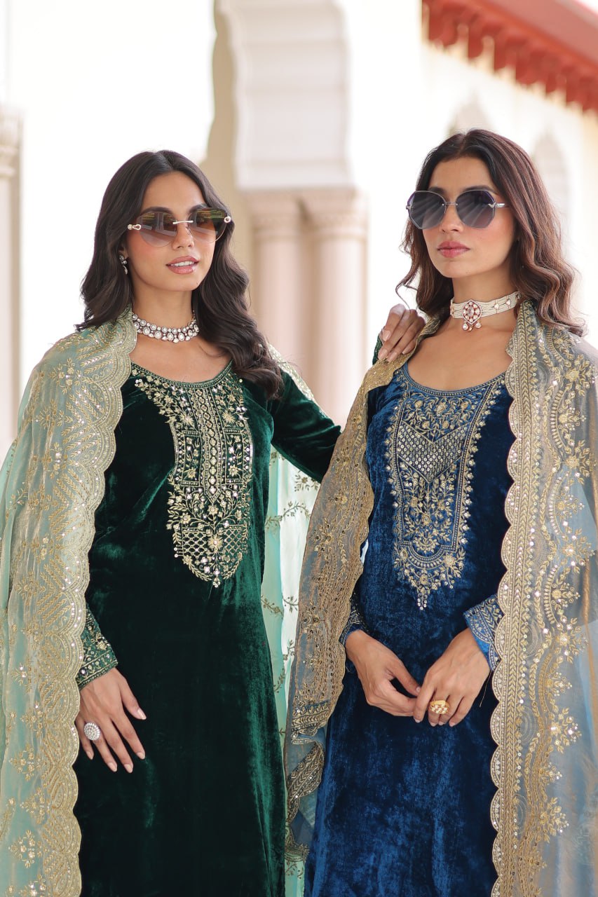 Lovely Blue Velvet with Zari Work Palazzo Suit