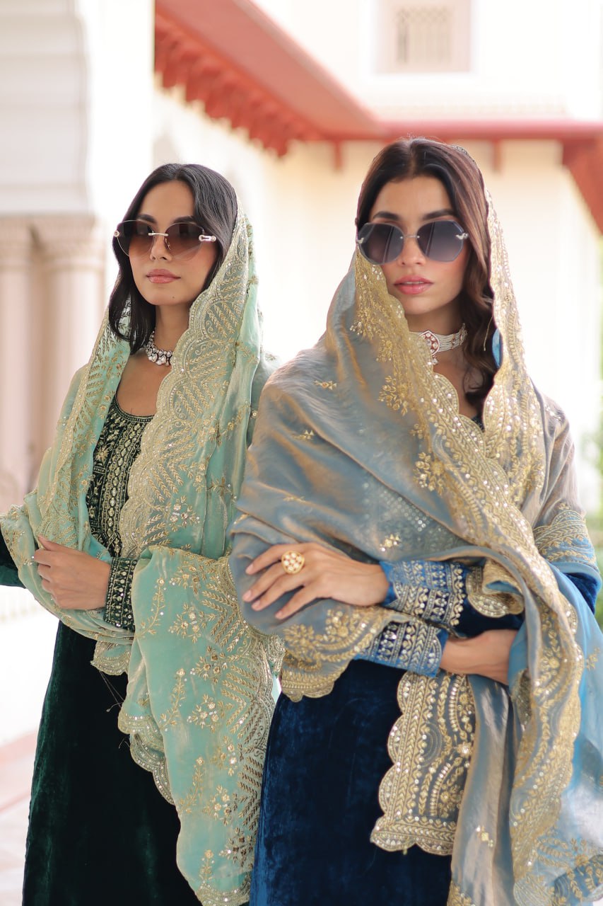 Lovely Blue Velvet with Zari Work Palazzo Suit