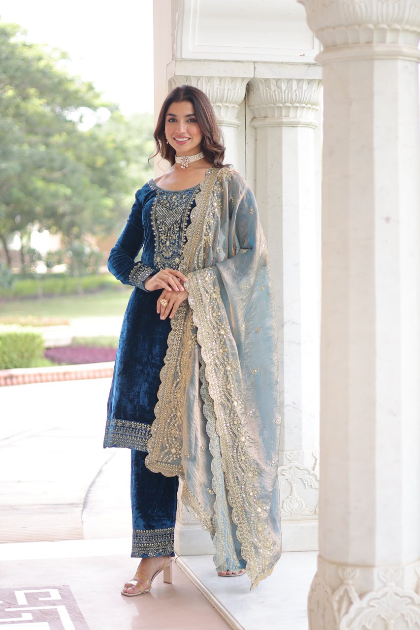 Lovely Blue Velvet with Zari Work Palazzo Suit