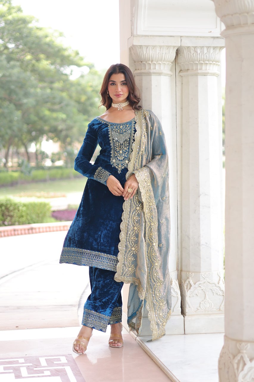 Lovely Blue Velvet with Zari Work Palazzo Suit