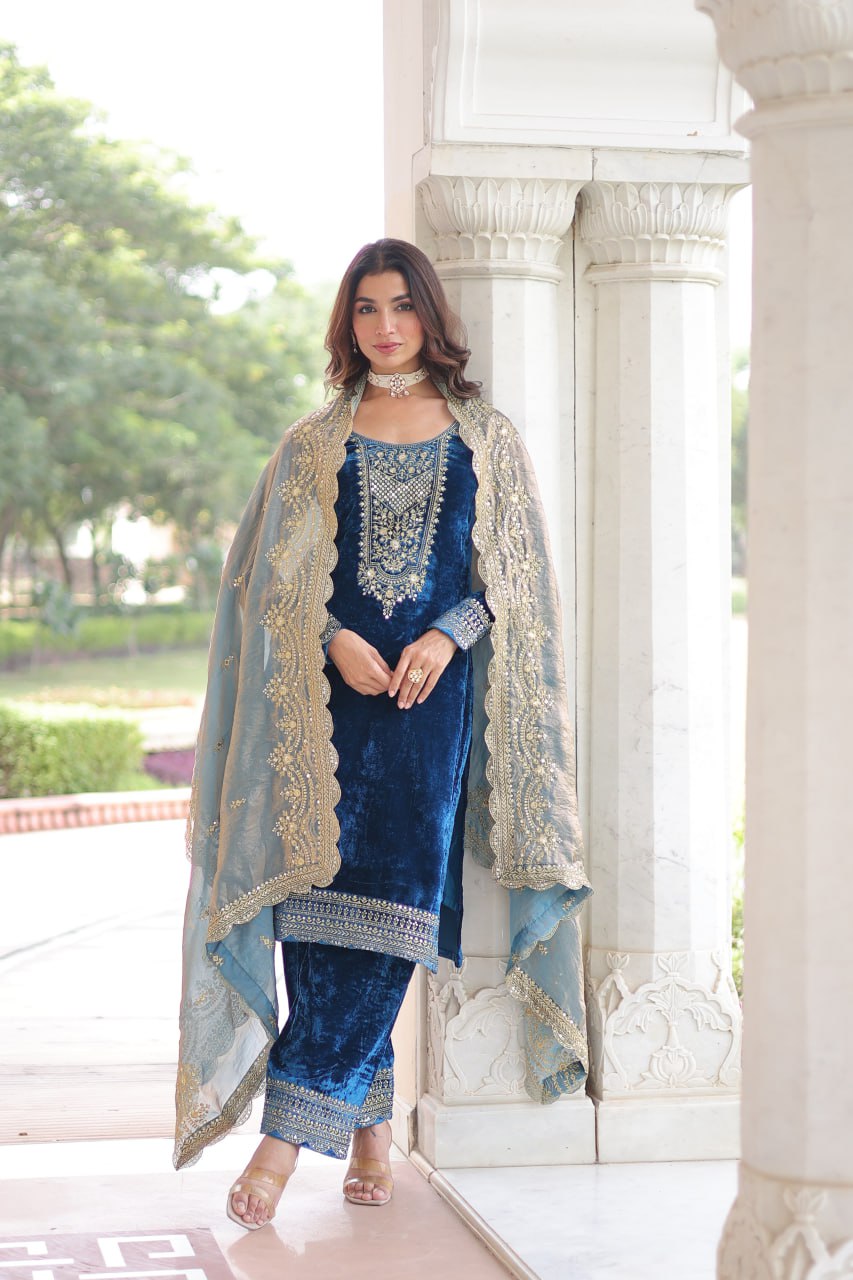 Lovely Blue Velvet with Zari Work Palazzo Suit
