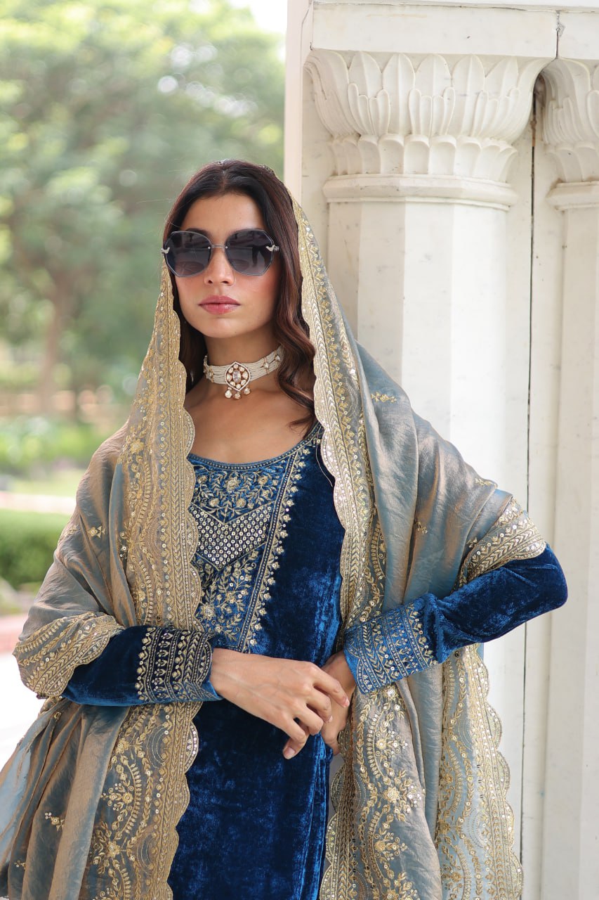 Lovely Blue Velvet with Zari Work Palazzo Suit