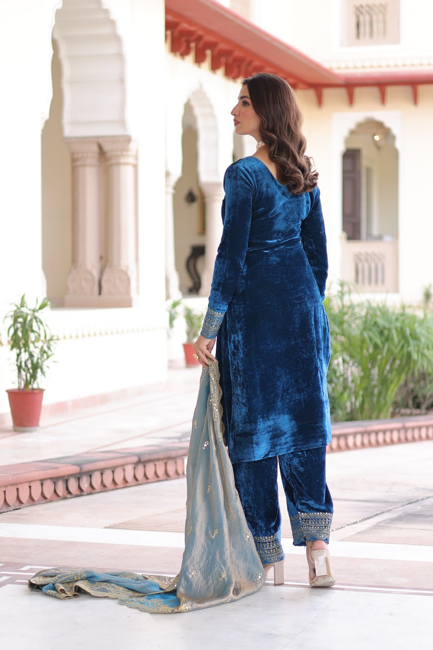 Lovely Blue Velvet with Zari Work Palazzo Suit