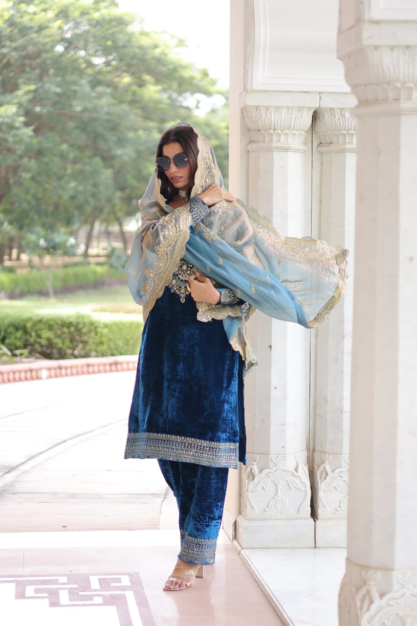 Lovely Blue Velvet with Zari Work Palazzo Suit