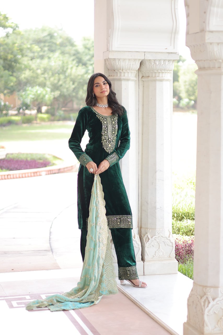 Lovely Blue Velvet with Zari Work Palazzo Suit