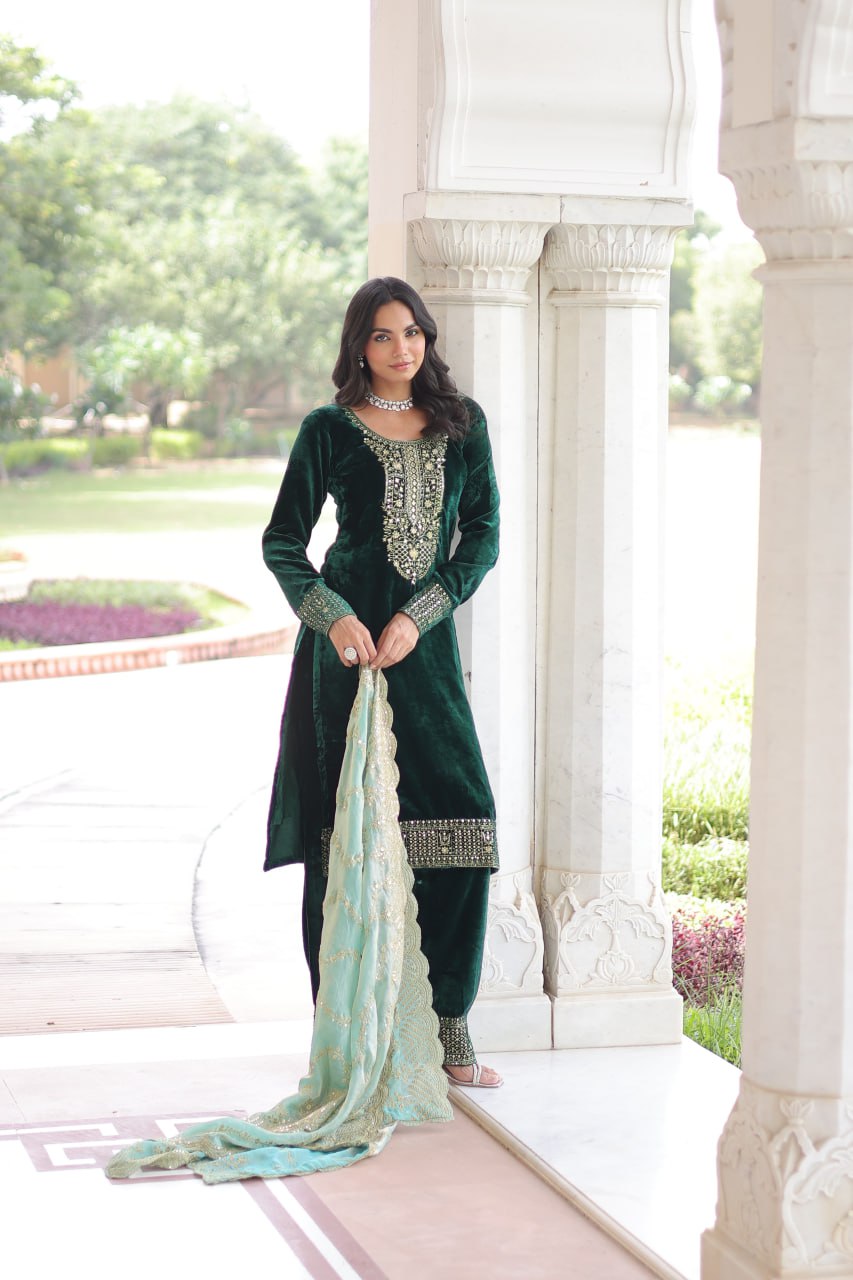 Lovely Blue Velvet with Zari Work Palazzo Suit