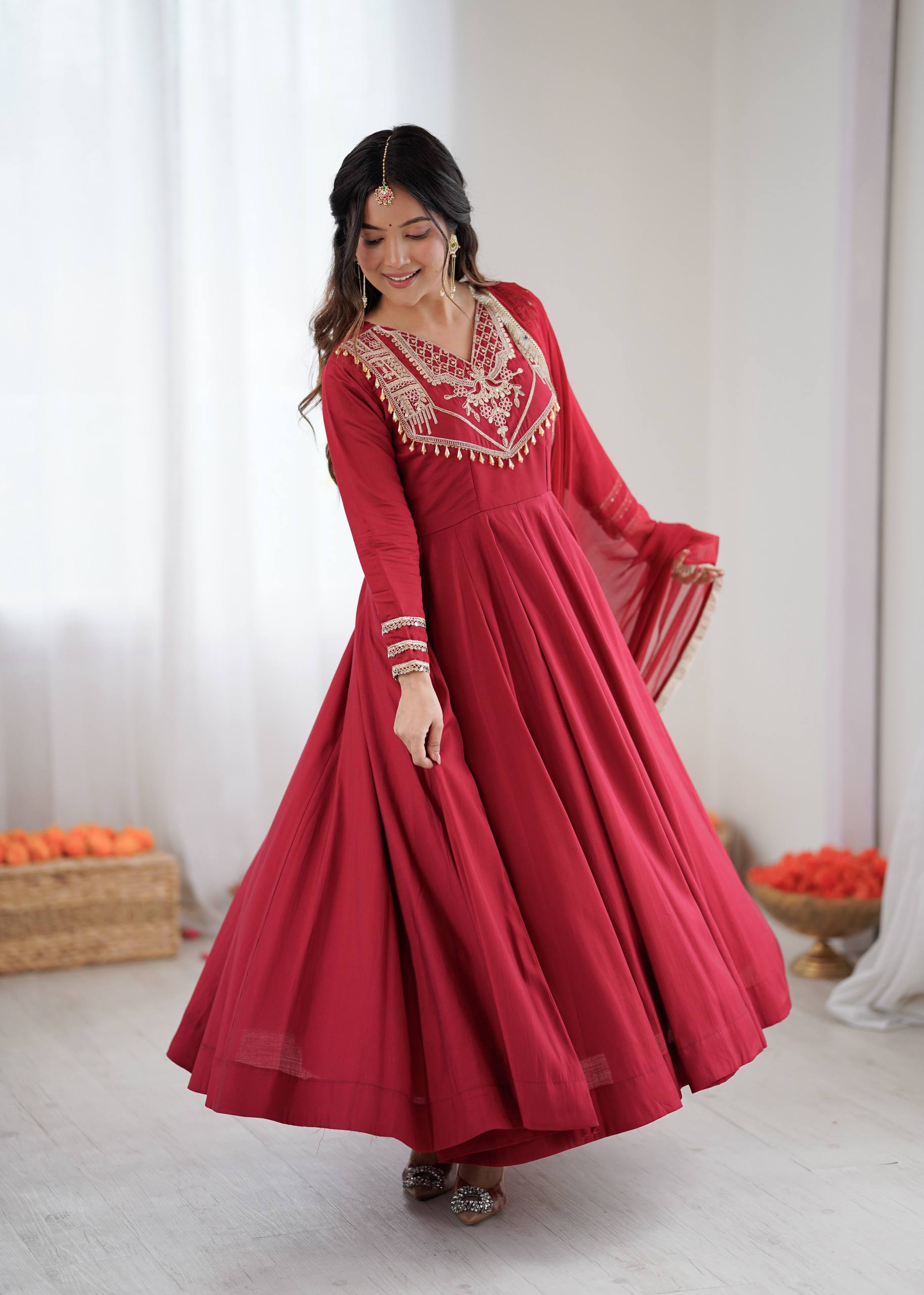 Stylish Red Silk Codding Work Anarkali Gown