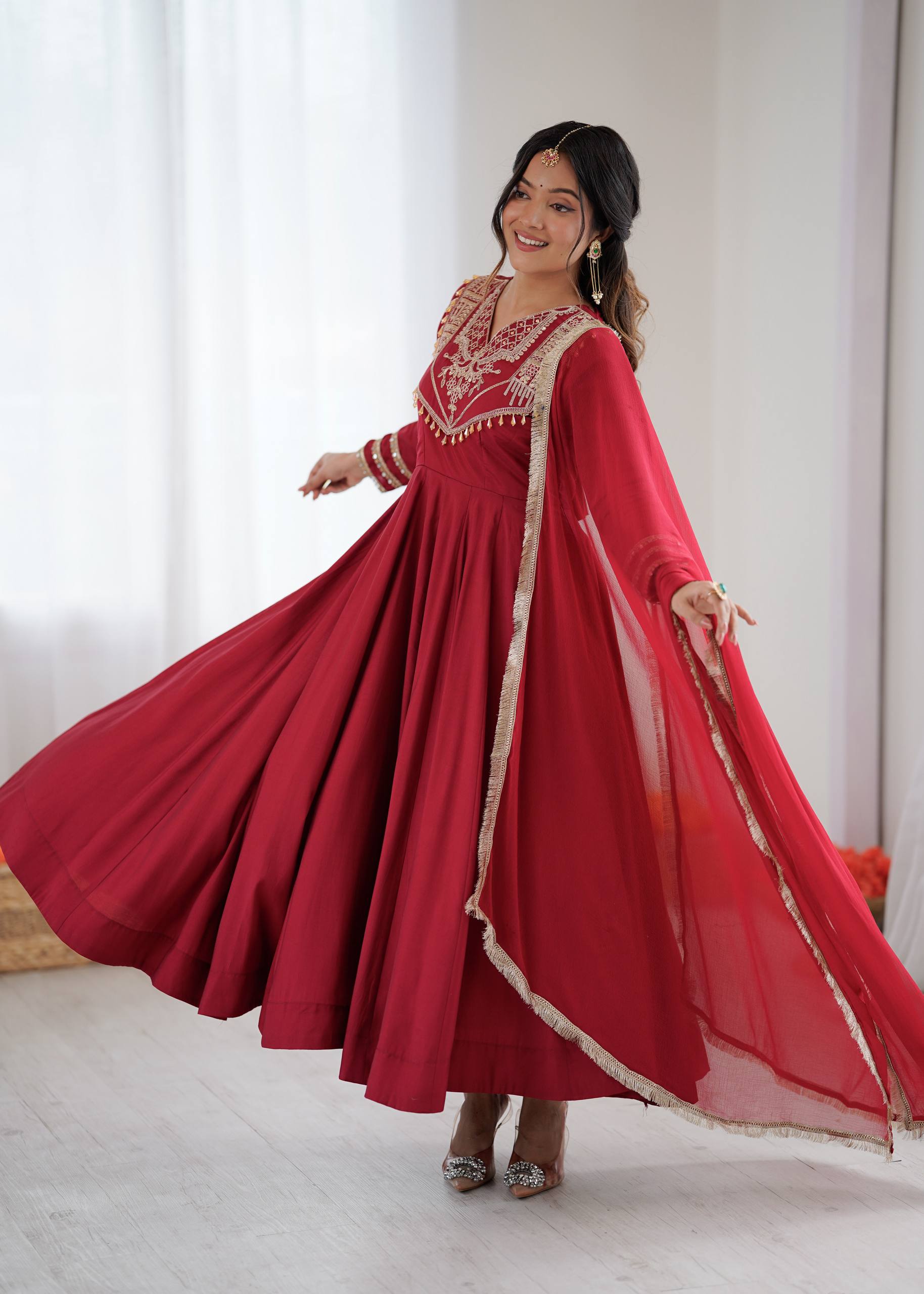 Stylish Red Silk Codding Work Anarkali Gown