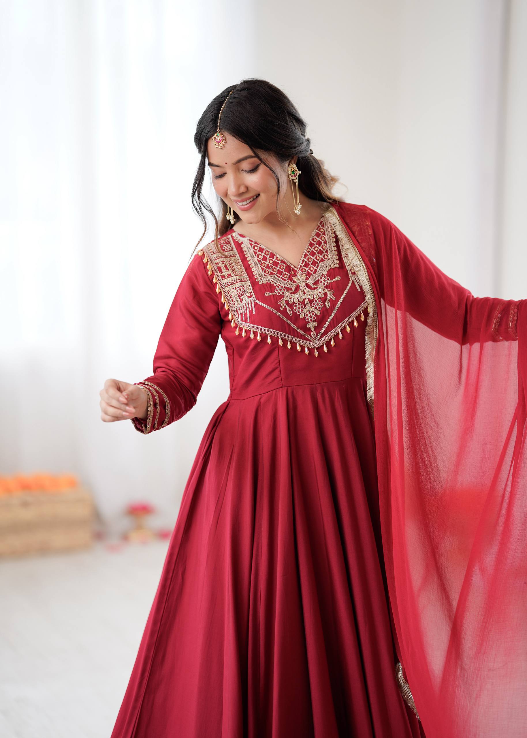 Stylish Red Silk Codding Work Anarkali Gown