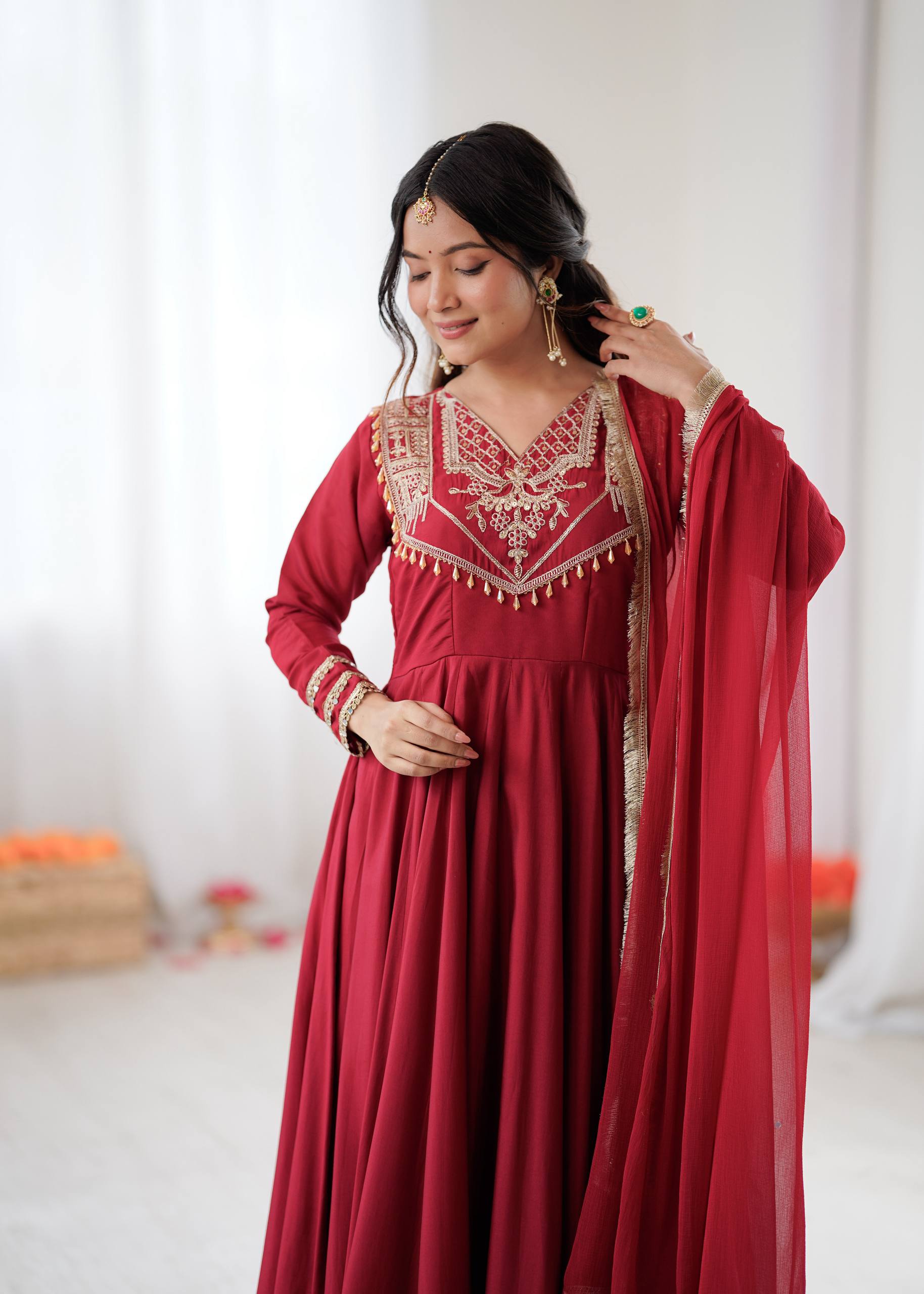 Stylish Red Silk Codding Work Anarkali Gown