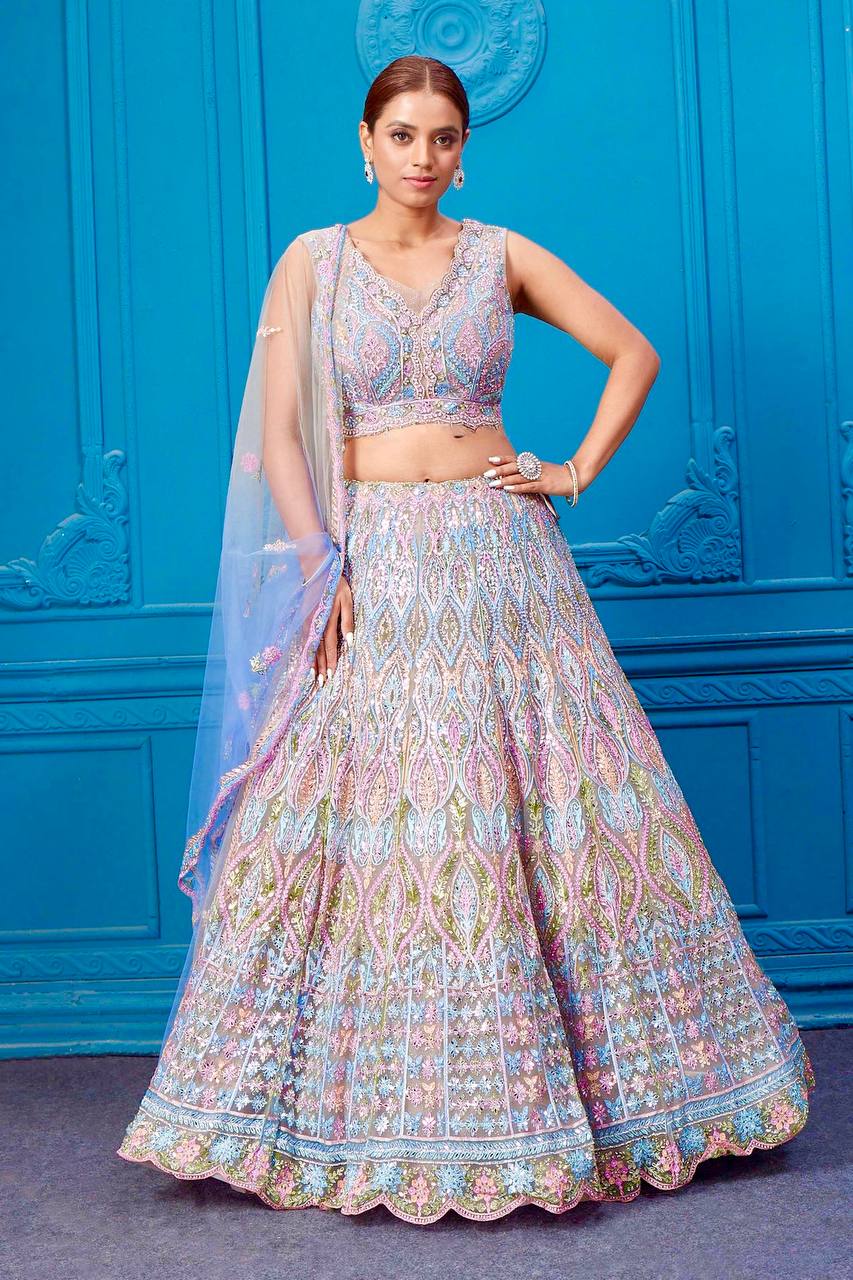 Trendy White Net Embroidery Work Lehenga Choli