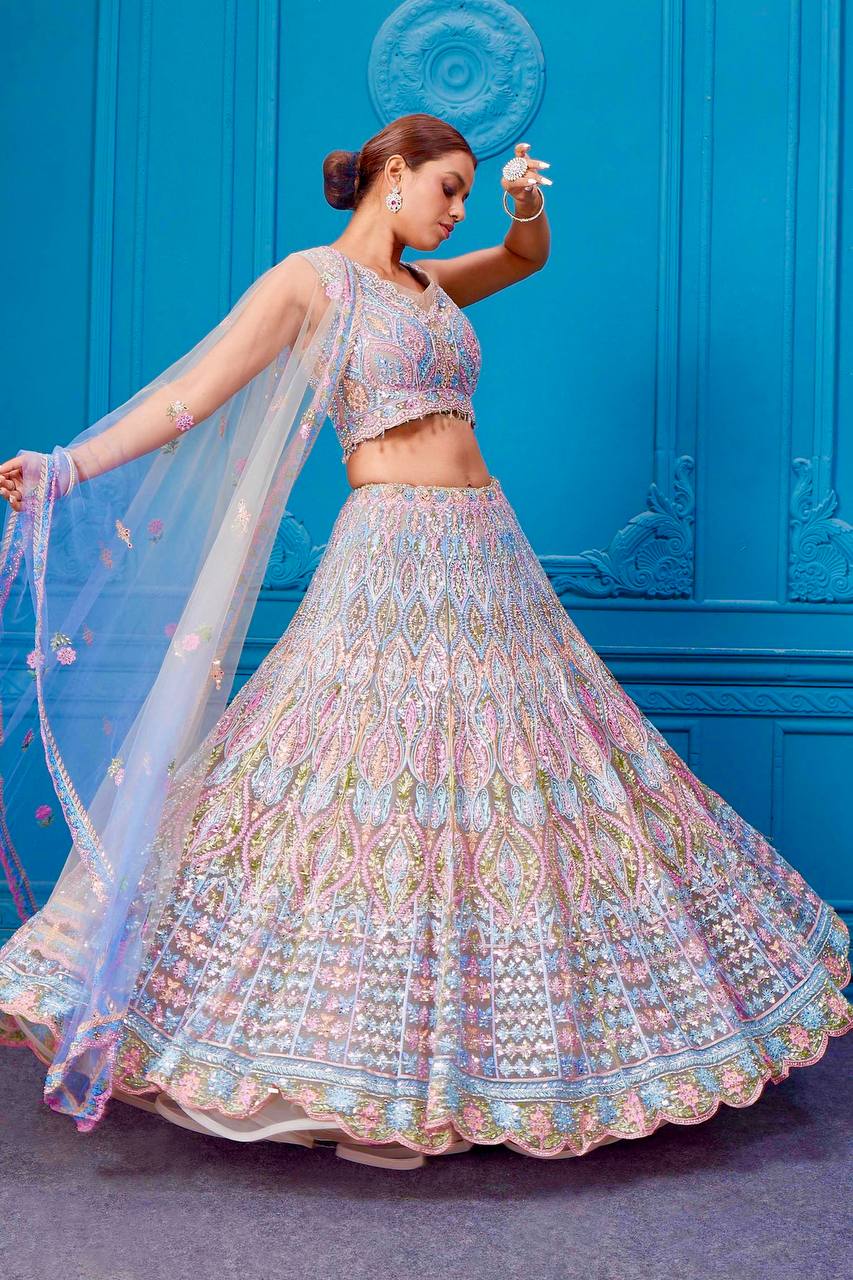 Trendy White Net Embroidery Work Lehenga Choli