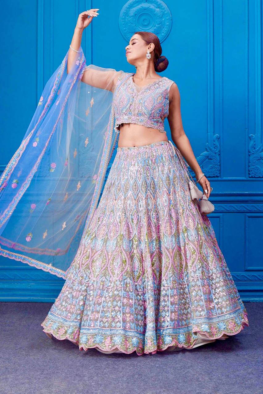Trendy White Net Embroidery Work Lehenga Choli