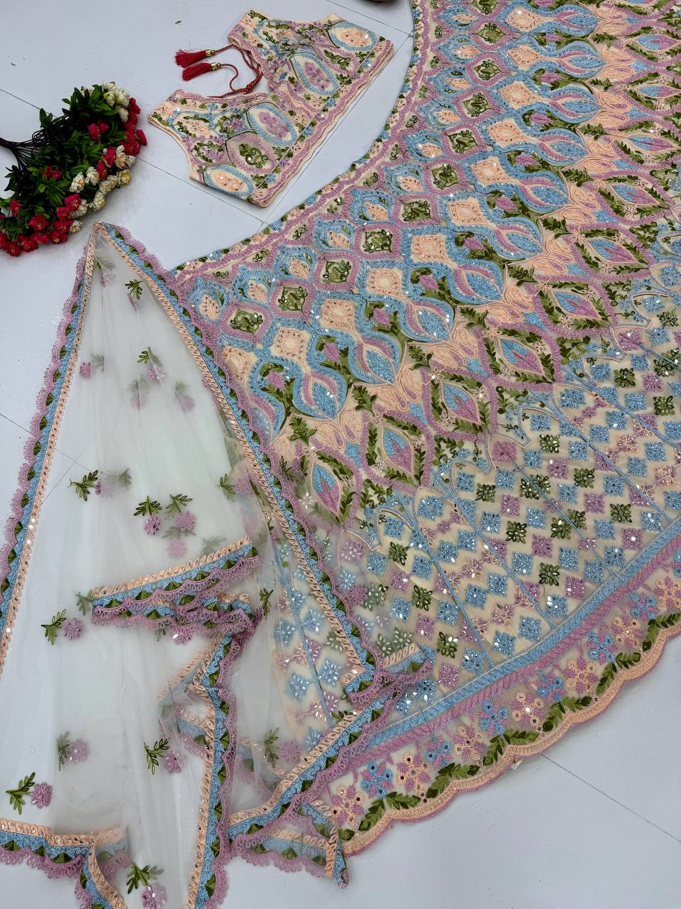 Trendy White Net Embroidery Work Lehenga Choli