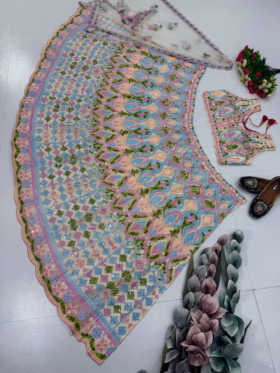 Trendy White Net Embroidery Work Lehenga Choli