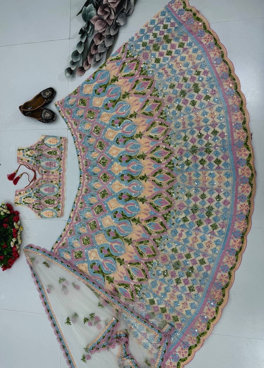 Trendy White Net Embroidery Work Lehenga Choli