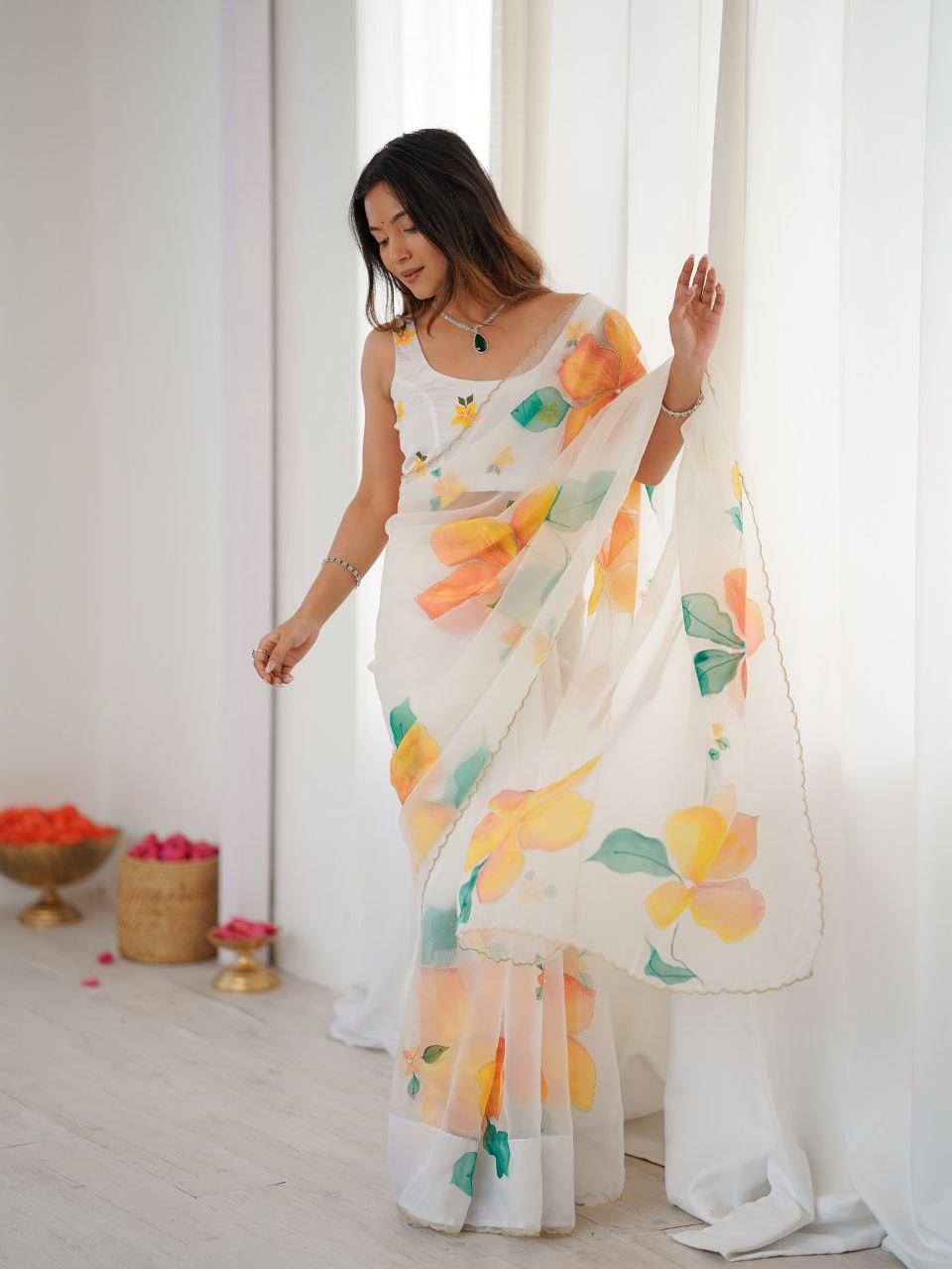 Beautiful White Taby Silk Work Saree