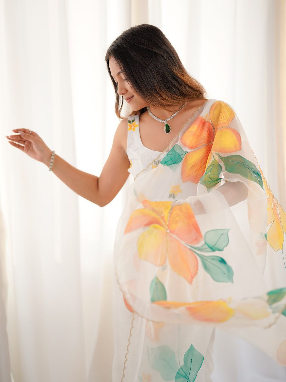 Beautiful White Taby Silk Work Saree