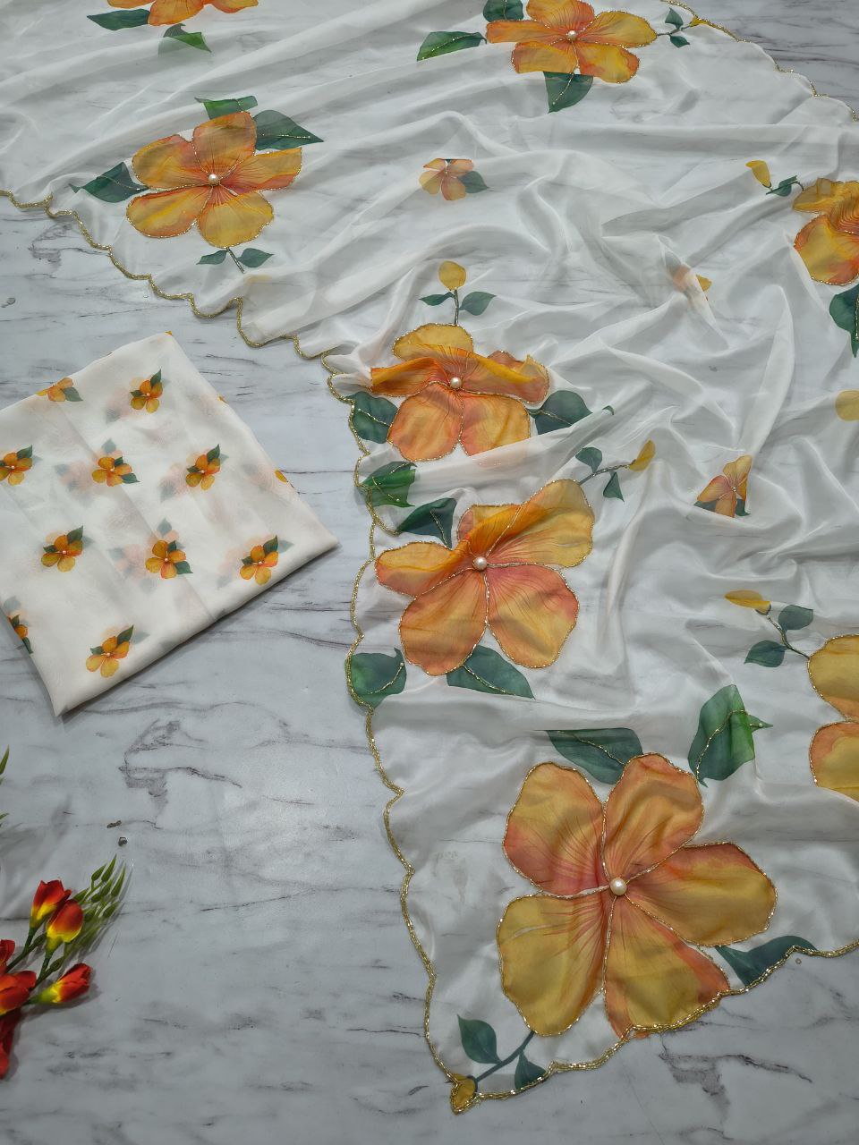 Beautiful White Taby Silk Work Saree