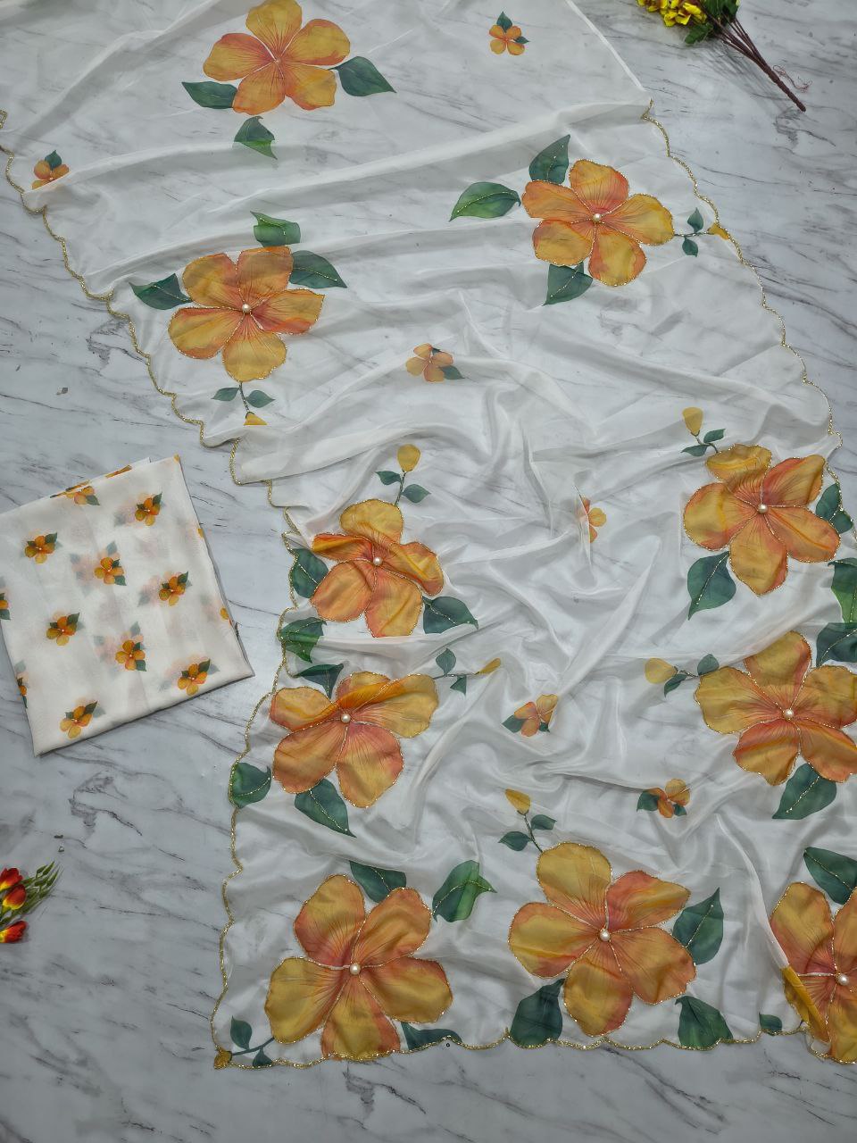 Beautiful White Taby Silk Work Saree