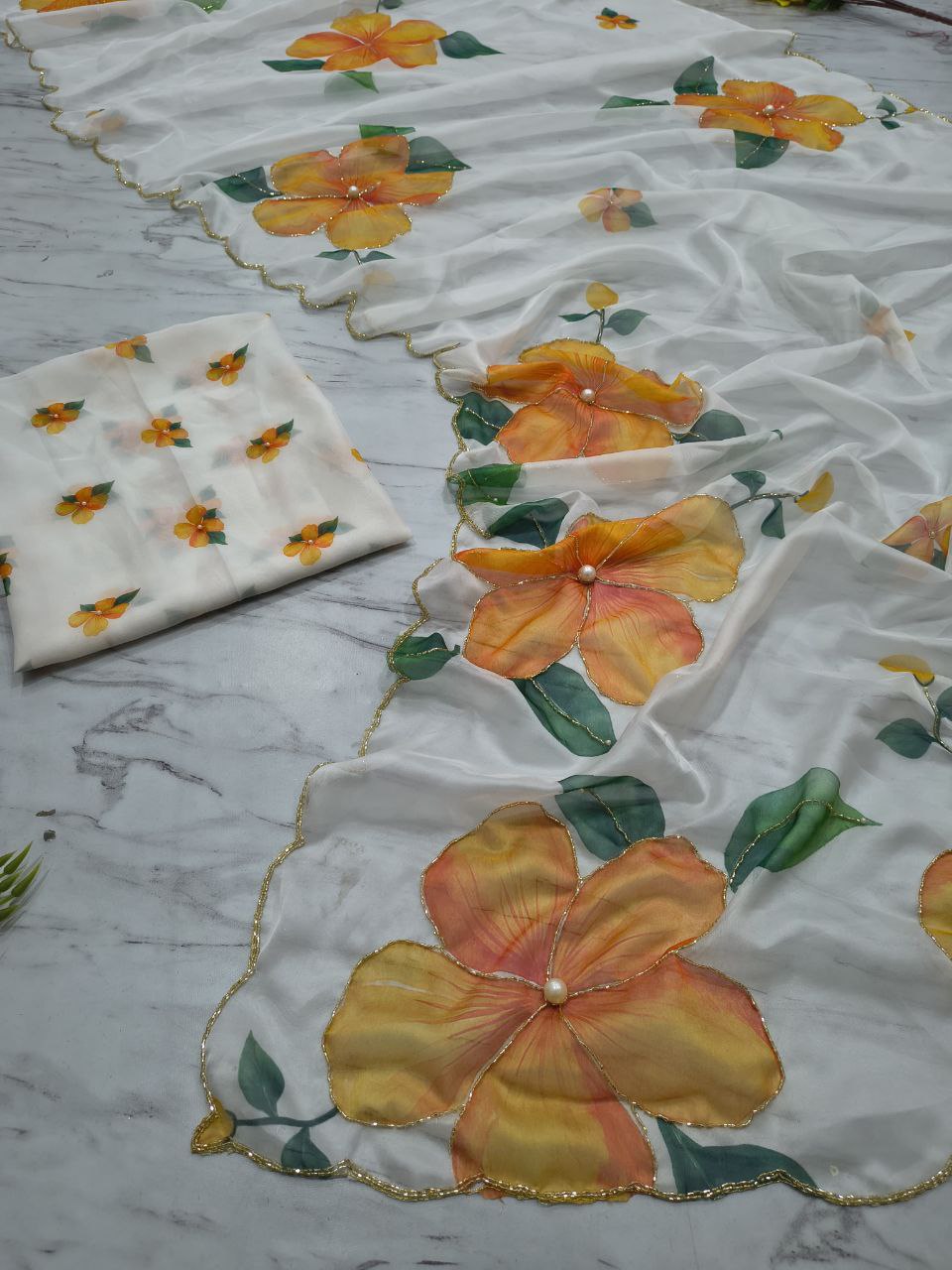 Beautiful White Taby Silk Work Saree