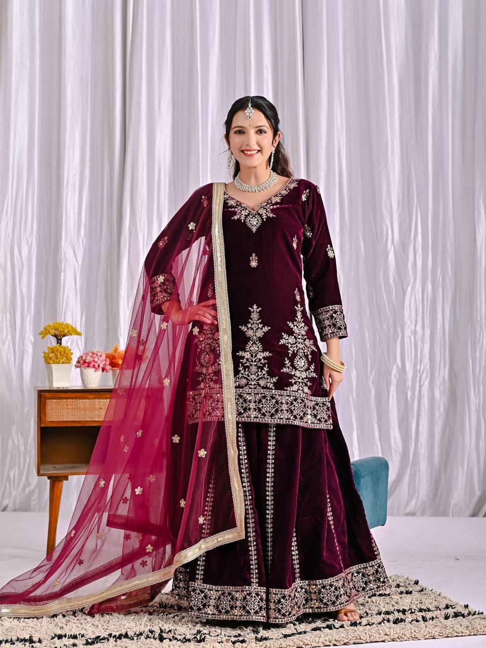 Exclusive Maroon Velvet Sequence Work Sharara Suit