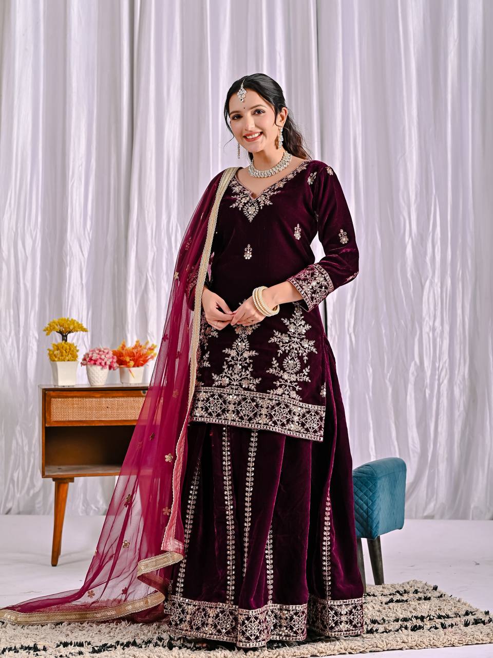 Exclusive Maroon Velvet Sequence Work Sharara Suit