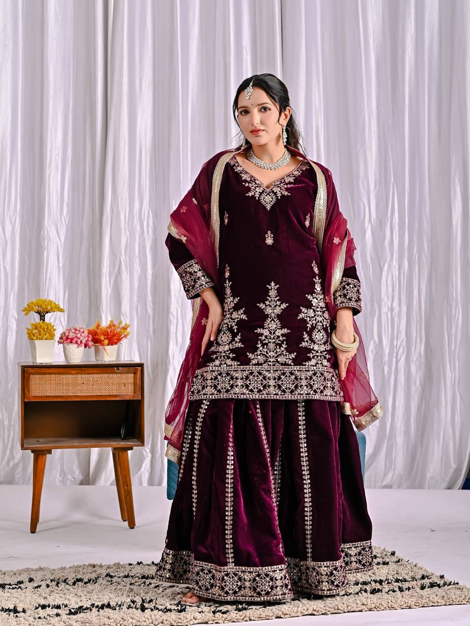 Exclusive Maroon Velvet Sequence Work Sharara Suit