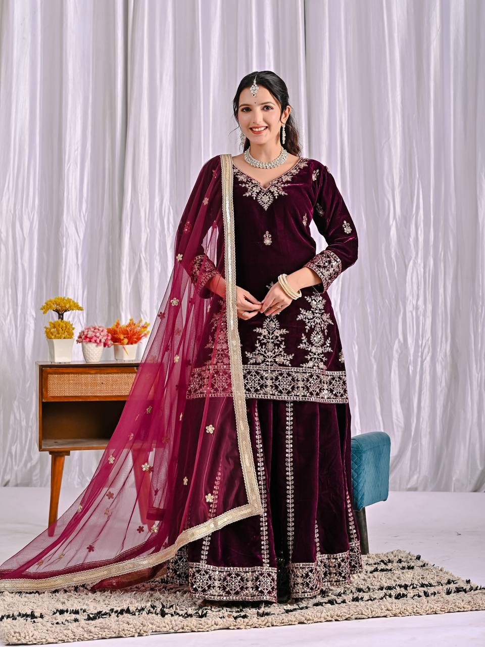 Exclusive Maroon Velvet Sequence Work Sharara Suit