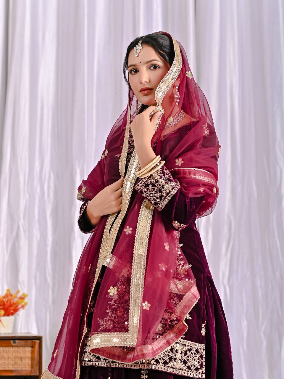 Exclusive Maroon Velvet Sequence Work Sharara Suit