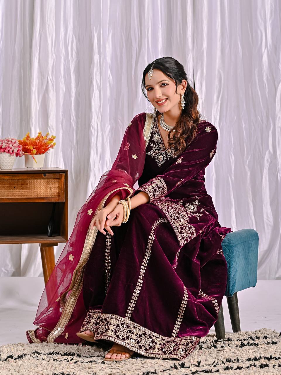 Exclusive Maroon Velvet Sequence Work Sharara Suit