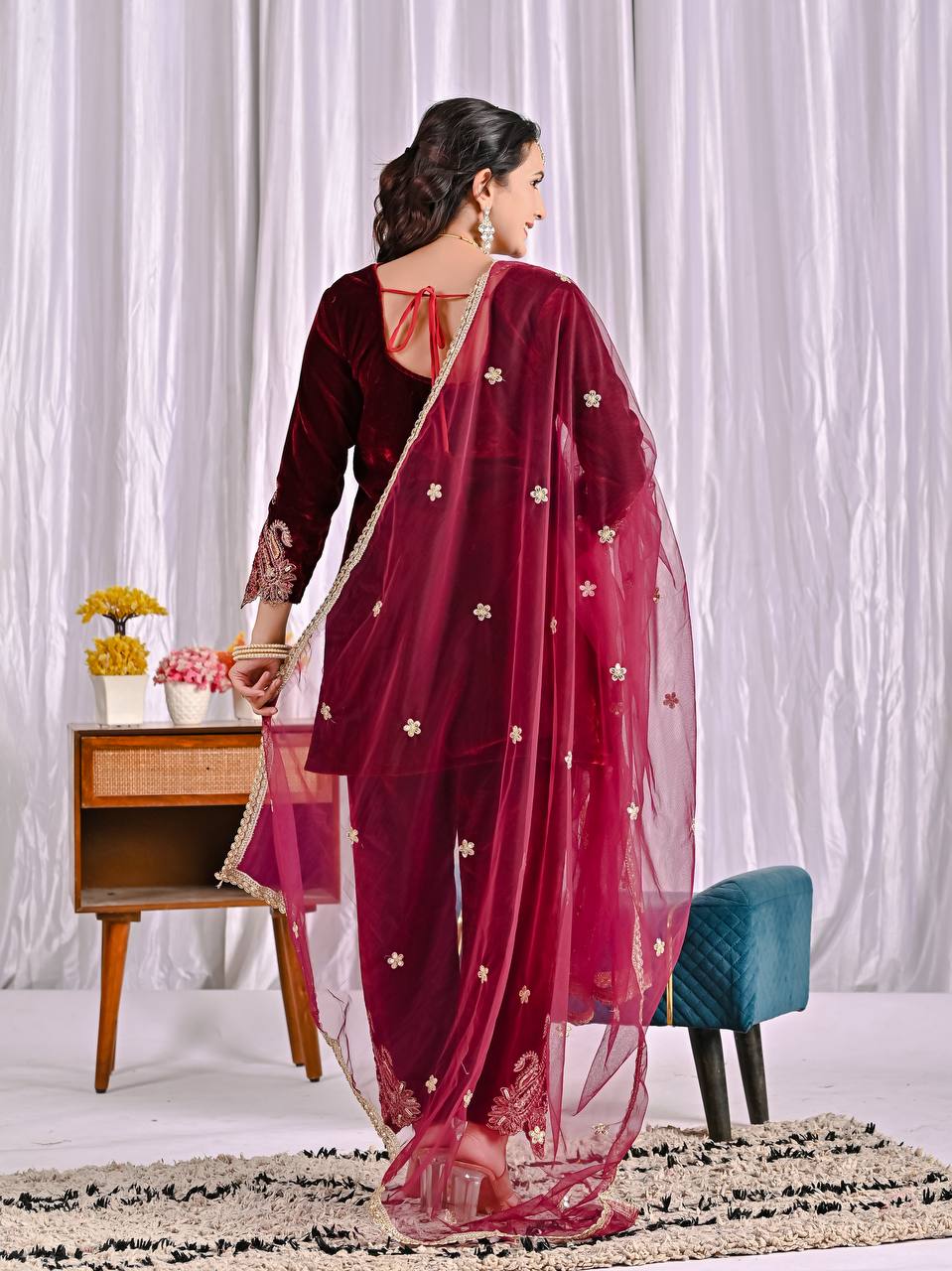 Exclusive Maroon Velvet Sequence Work Sharara Suit