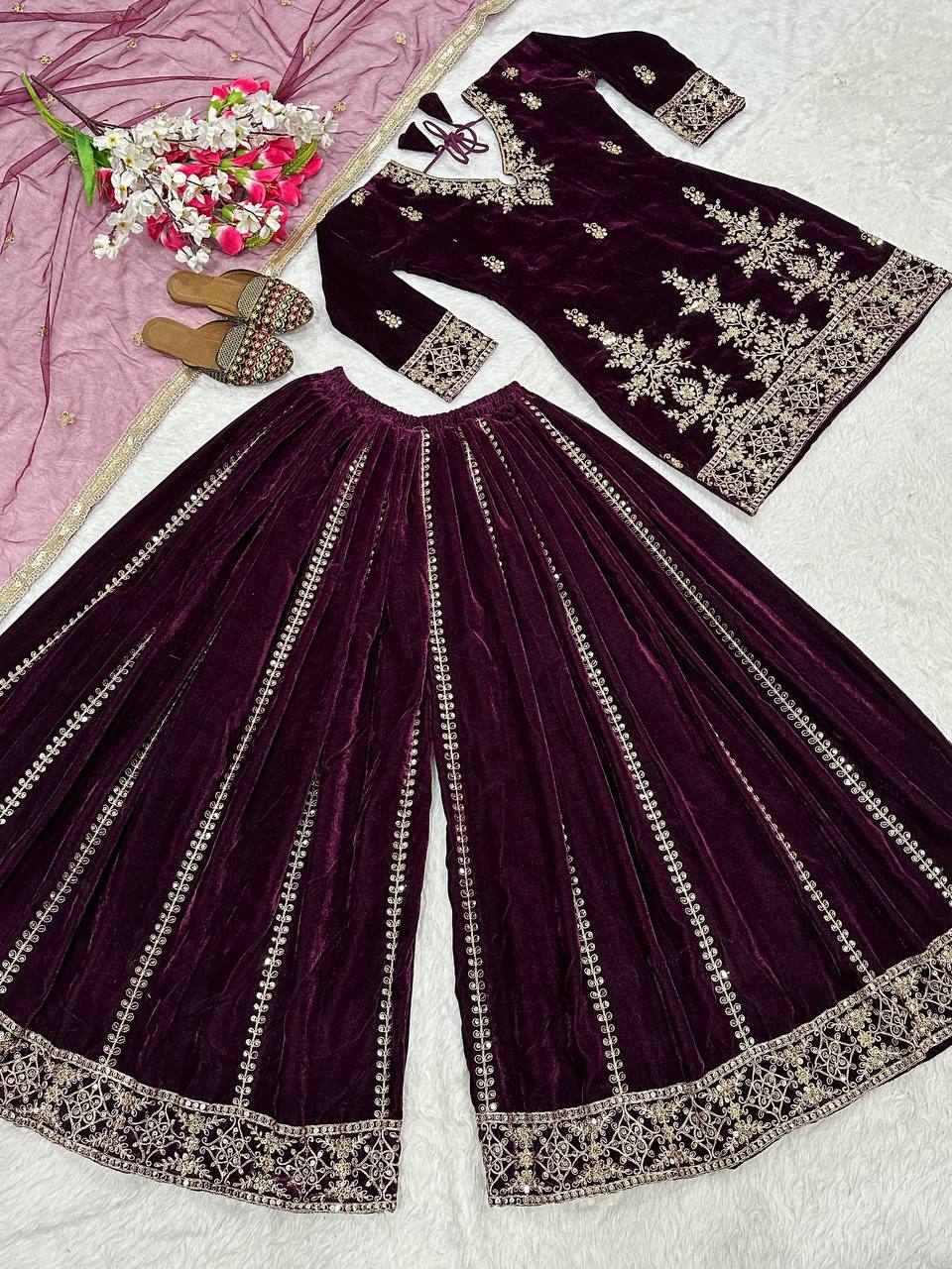 Exclusive Maroon Velvet Sequence Work Sharara Suit
