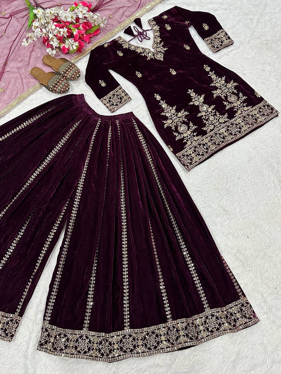 Exclusive Maroon Velvet Sequence Work Sharara Suit
