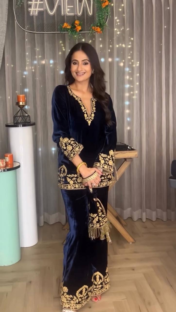Ravishing Blue Velvet with Embroidery Work Palazzo Suit