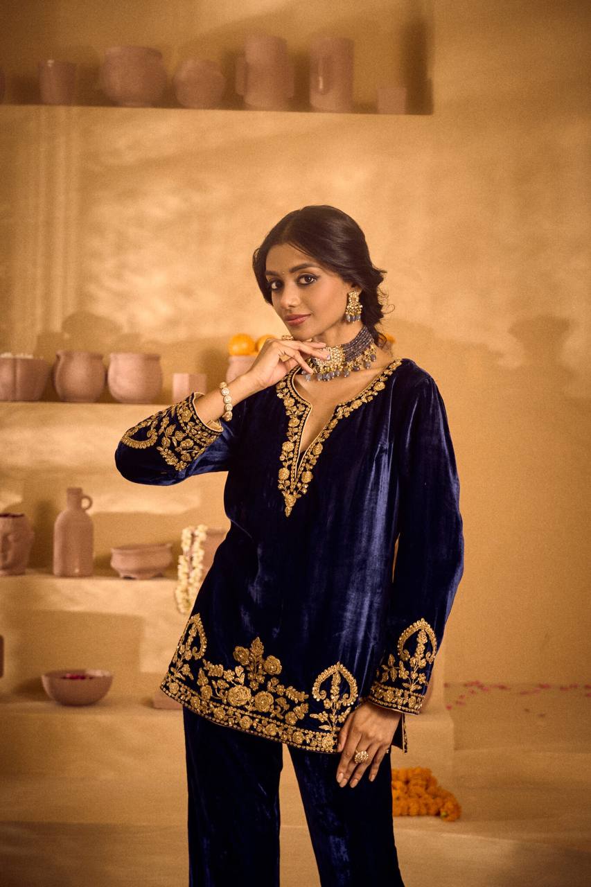Ravishing Blue Velvet with Embroidery Work Palazzo Suit