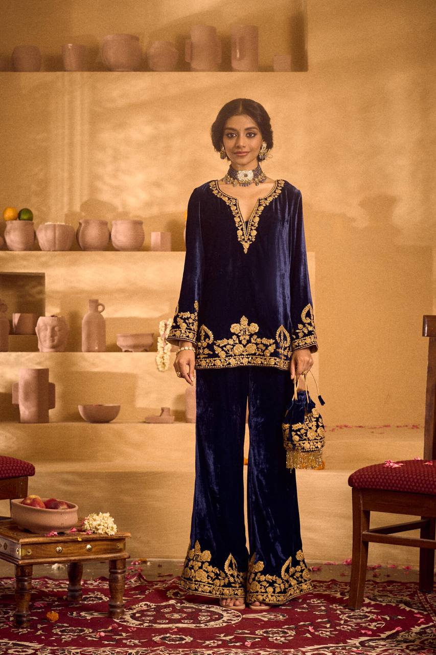 Ravishing Blue Velvet with Embroidery Work Palazzo Suit