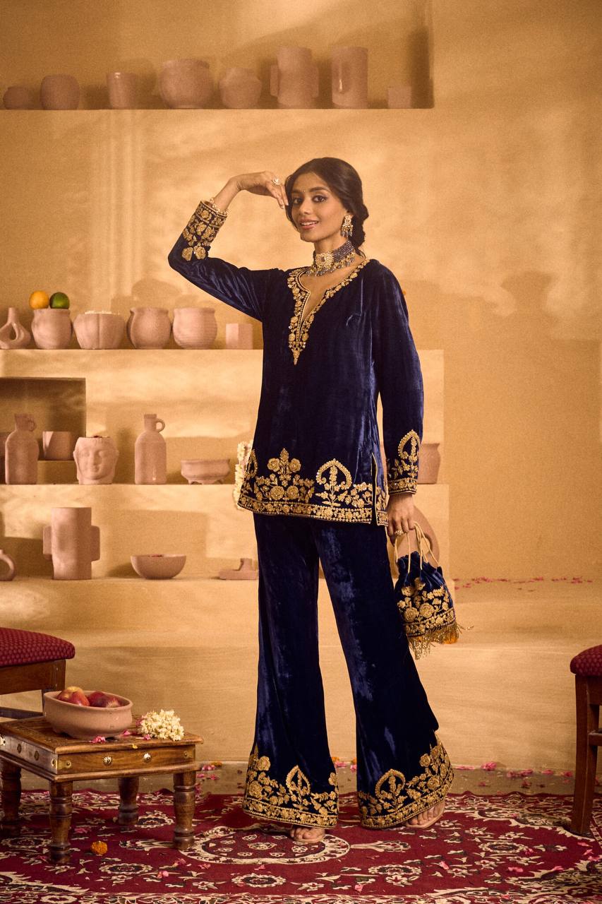 Ravishing Blue Velvet with Embroidery Work Palazzo Suit