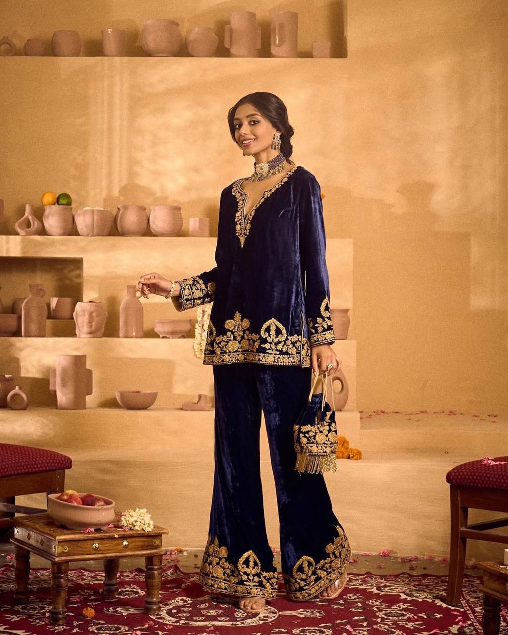 Ravishing Blue Velvet with Embroidery Work Palazzo Suit