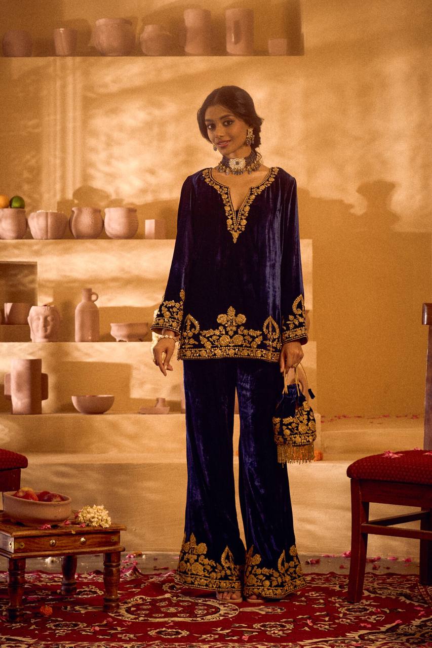 Ravishing Blue Velvet with Embroidery Work Palazzo Suit