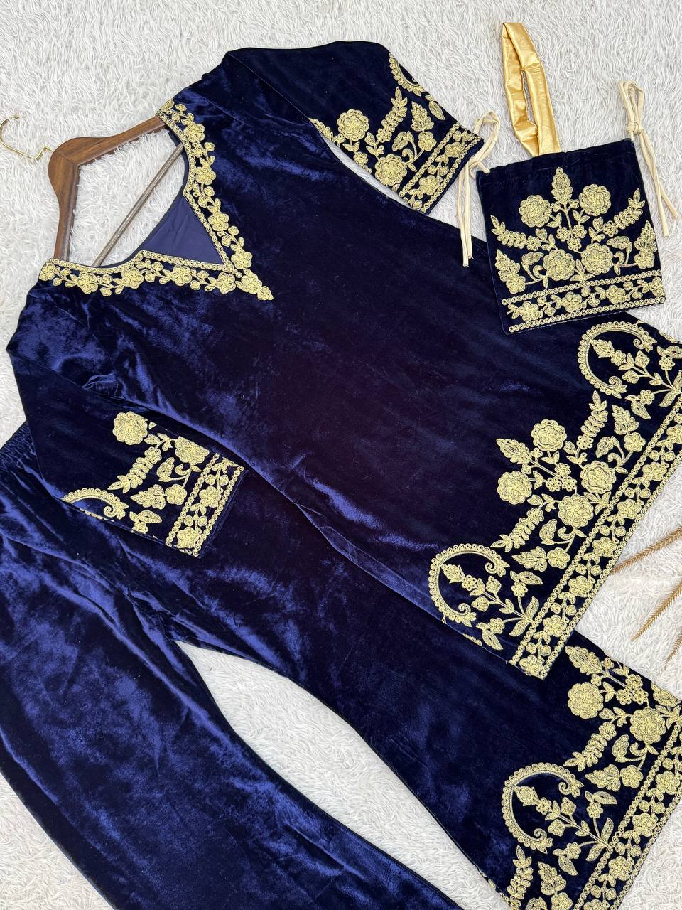 Ravishing Blue Velvet with Embroidery Work Palazzo Suit