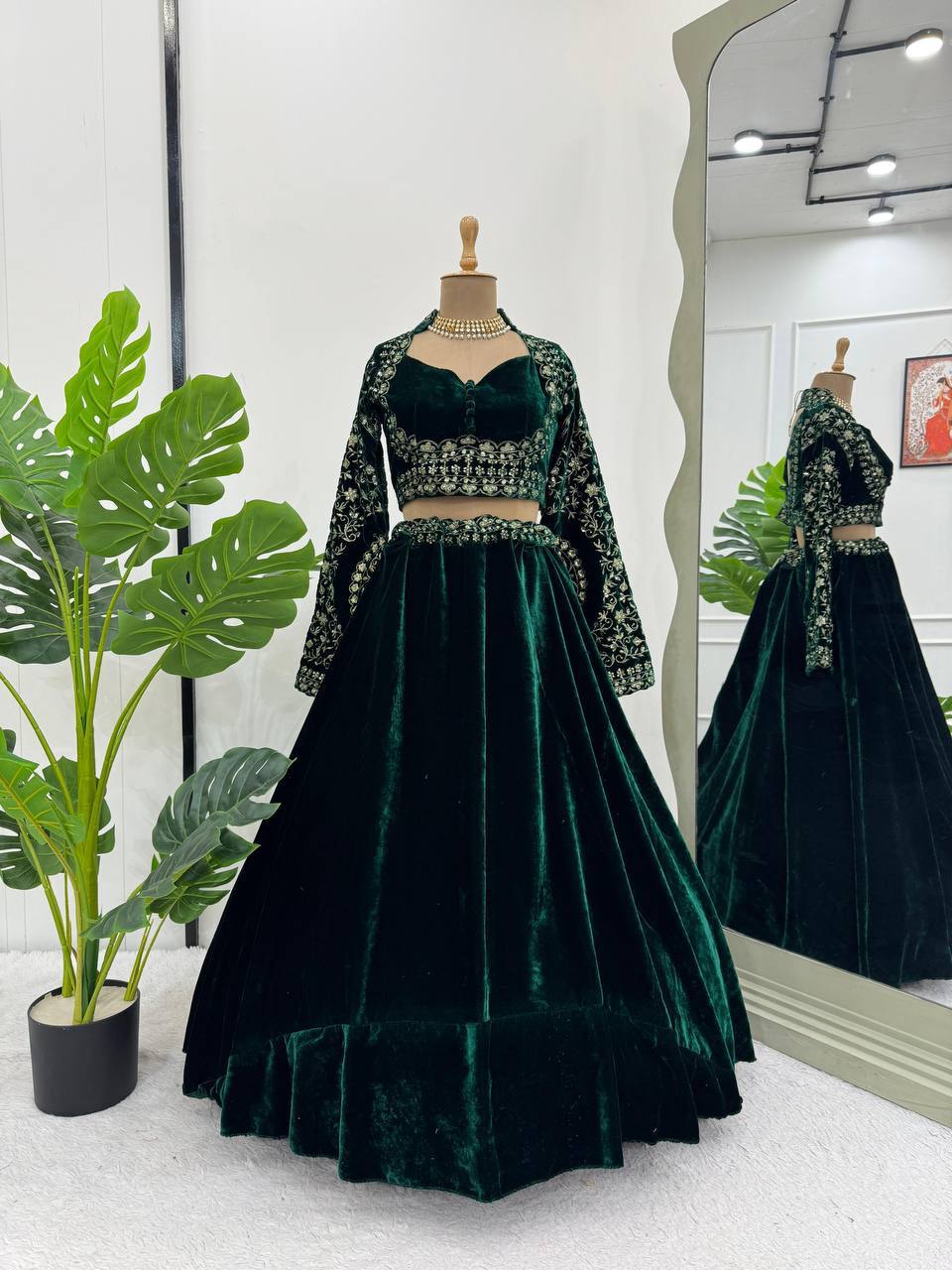 Stylish Green Velvet With Sequence Work Lehenga Choli