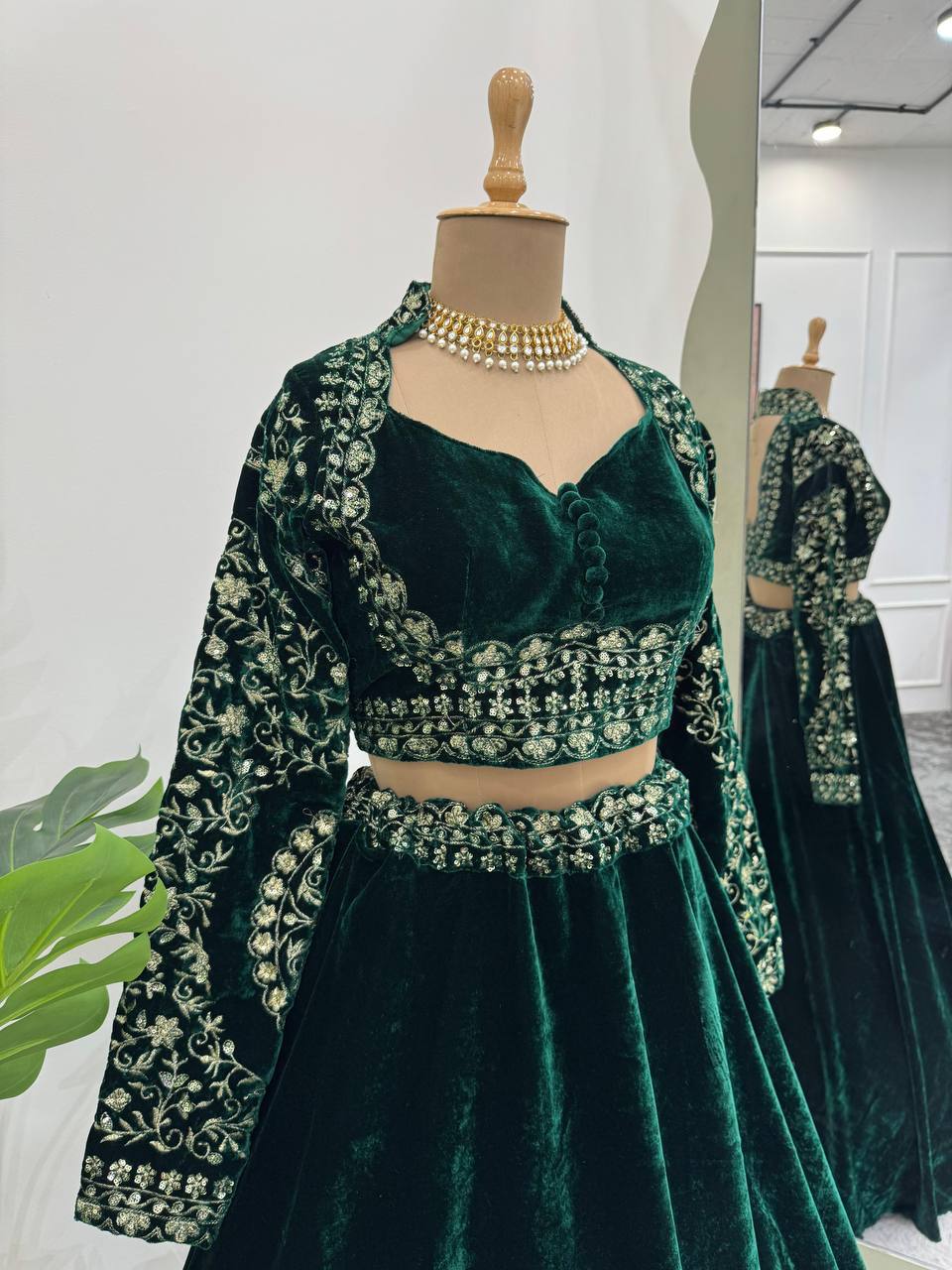Stylish Green Velvet With Sequence Work Lehenga Choli
