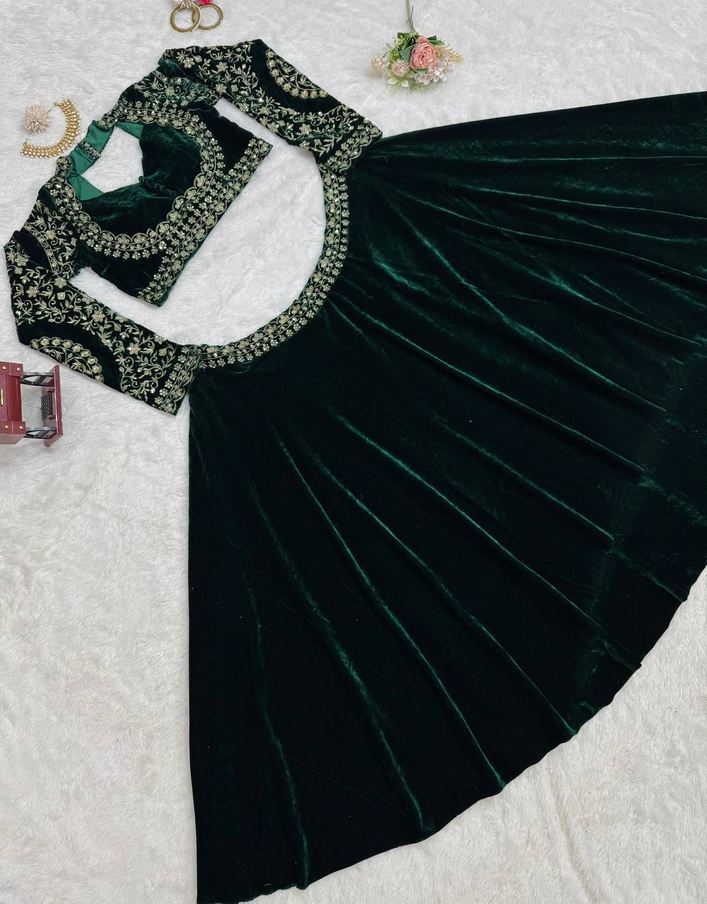 Stylish Green Velvet With Sequence Work Lehenga Choli
