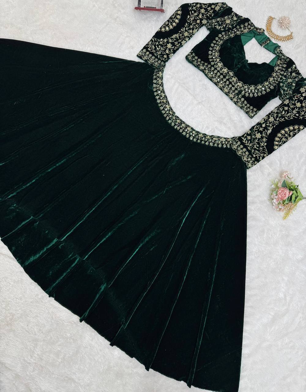 Stylish Green Velvet With Sequence Work Lehenga Choli