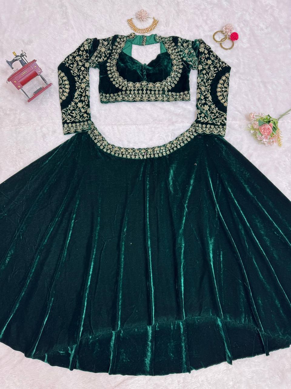Stylish Green Velvet With Sequence Work Lehenga Choli