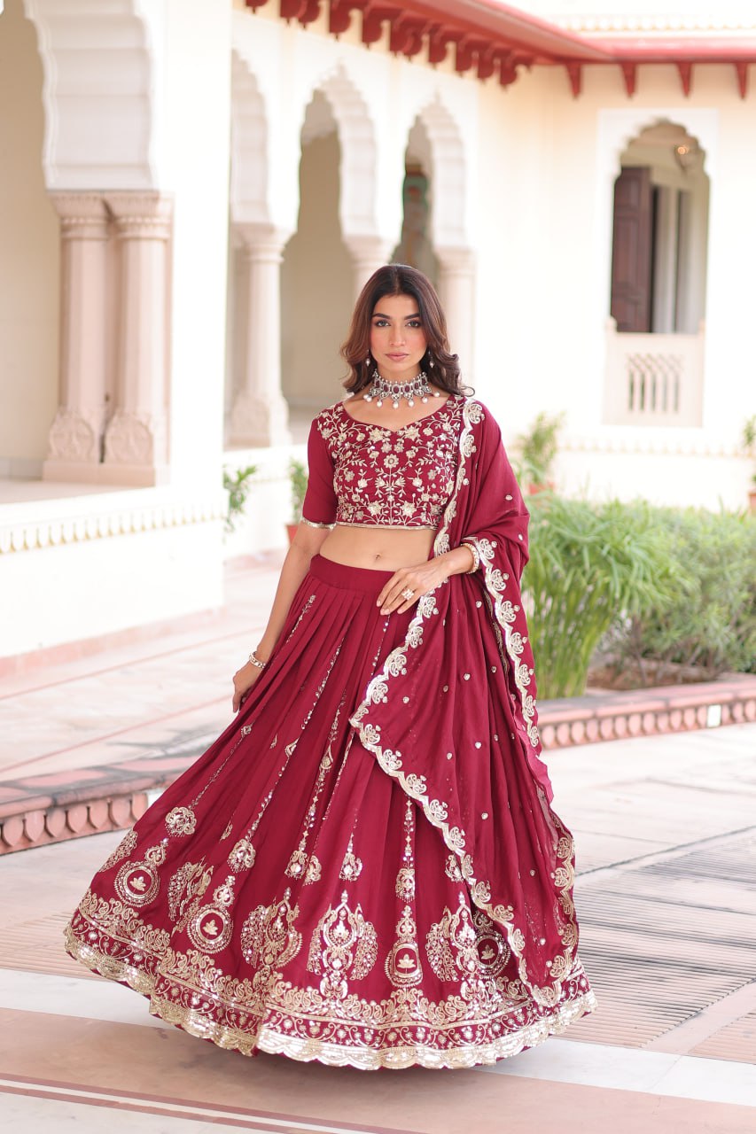 Pretty Maroon Vichitra Silk Thread Work Lehenga Choli