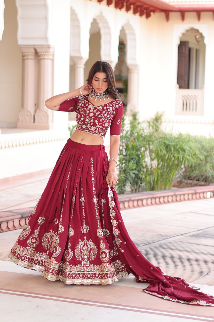 Pretty Maroon Vichitra Silk Thread Work Lehenga Choli