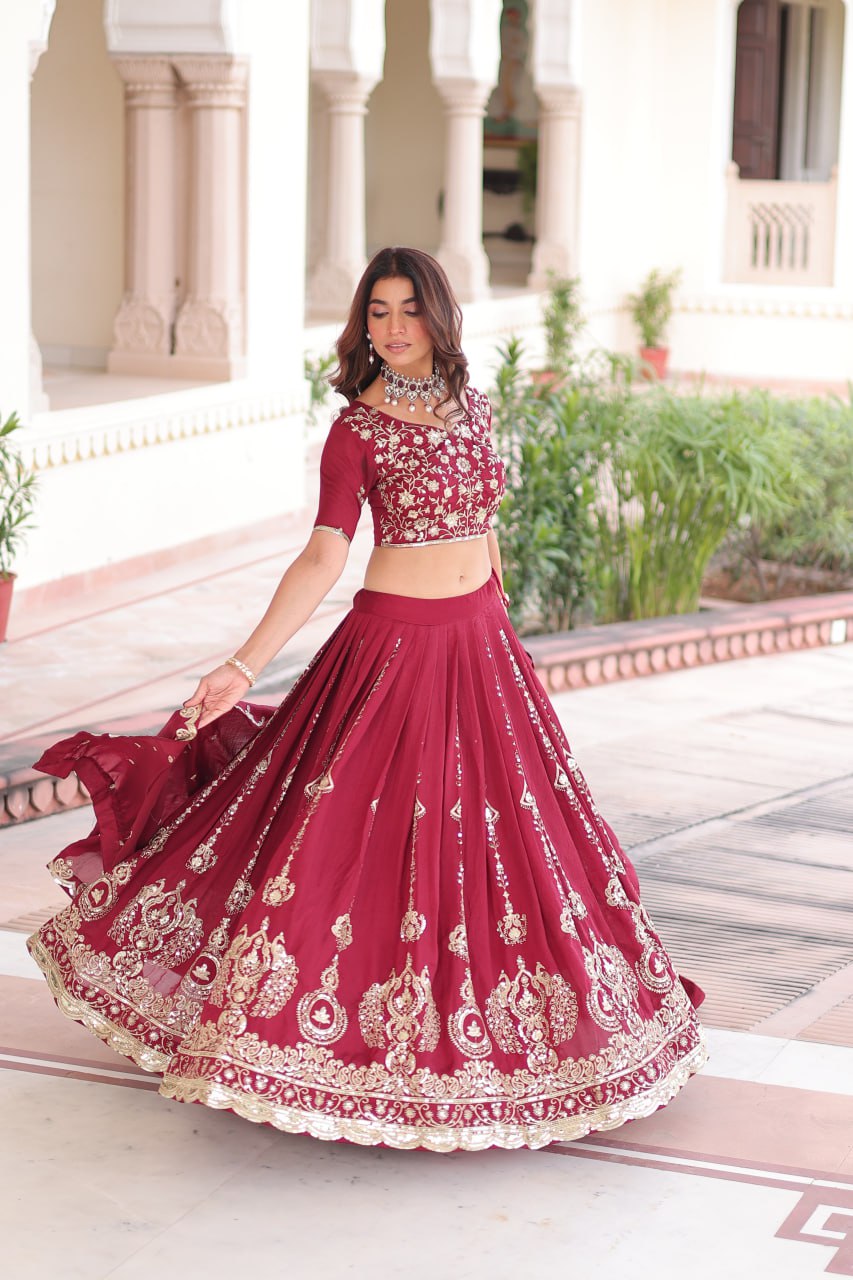 Pretty Maroon Vichitra Silk Thread Work Lehenga Choli
